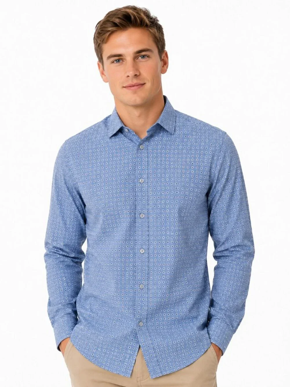 Banana Republic Non Iron Slim Fit Blue Geometric Button Front Shirt Mens Medium